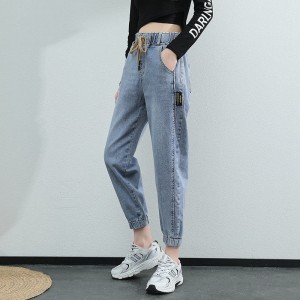 牛仔女裤 松紧腰束脚九分哈伦老爹女裤