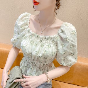 雪纺衬衫一字露肩刺绣 收腰褶皱泡泡袖碎花上衣