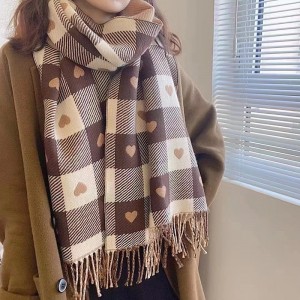 围巾女秋冬新款爱心格子情侣围脖保暖披肩潮可爱