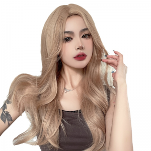 미디엄 가발 여자 리넨 금발 곱슬머리 구미 큰 물결 스타일 풀오버 