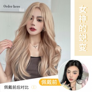 미디엄 가발 여자 리넨 금발 곱슬머리 구미 큰 물결 스타일 풀오버 
