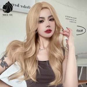 미디엄 가발 여자 리넨 금발 곱슬머리 구미 큰 물결 스타일 풀오버 