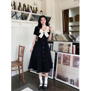 微胖女生法式蝴蝶结显瘦连衣裙 女小众设计感胖mm梨型身材 裙子