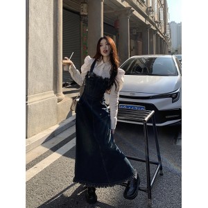 牛仔背带 叠穿连衣裙 女春季新款设计感法式 小众收腰显瘦 别致长裙子