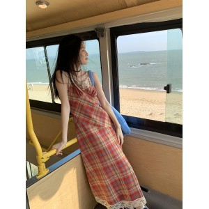 长裙子 春夏蕾丝V领 修身高腰 茶歇法式格子吊带连衣裙女
