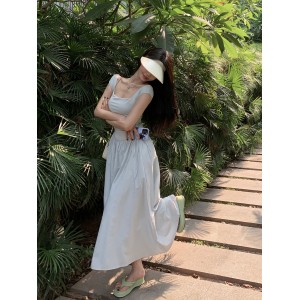 夏季 小众气质 设计方领短袖连衣裙 新款抽绳 韩版中长款裙子