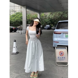夏季 小众气质 设计方领短袖连衣裙 新款抽绳 韩版中长款裙子