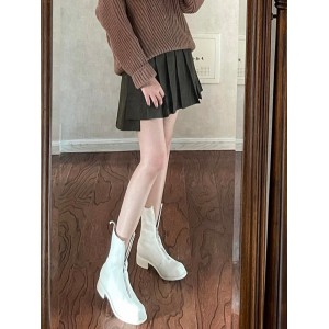 女靴 pl2拉链白色靴子 真皮马丁靴 粗跟加绒短靴 女春秋单靴