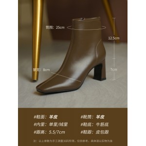 米色粗跟短靴 女春秋单靴 法式高跟 马丁小方头羊皮白色女靴