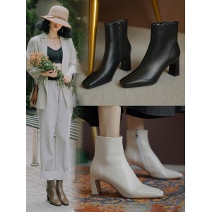 米色粗跟短靴 女春秋单靴 法式高跟 马丁小方头羊皮白色女靴